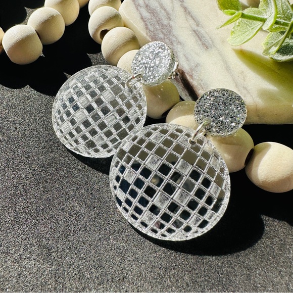 Disco Ball Earrings Silver Mirrors Post/ Stud - Picture 2 of 5
